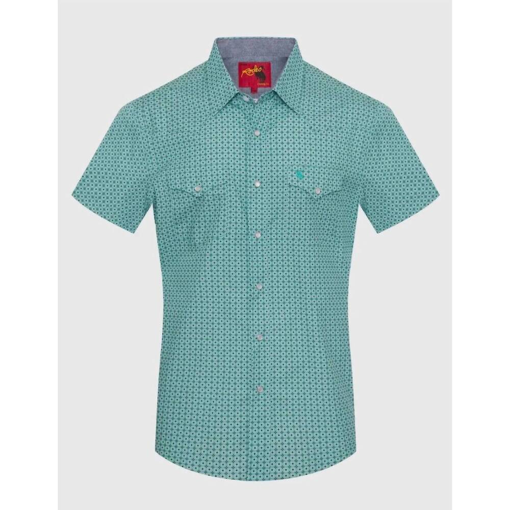 NEW RODEO CLOTHING men's pearl snap short sleeve shirt in turquoise